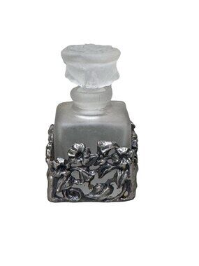 Frosted Glass Perfume Bottle Floral Metal Wrapped Vintage Vanity Decor 2" Mini